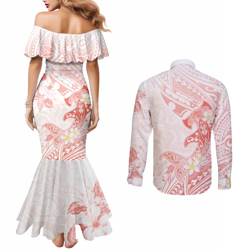 Polynesia Hammerhead Shark Couples Matching Mermaid Dress and Long Sleeve Button Shirt Tropical Flowers Tribal Pattern Peach LT05 - Polynesian Pride