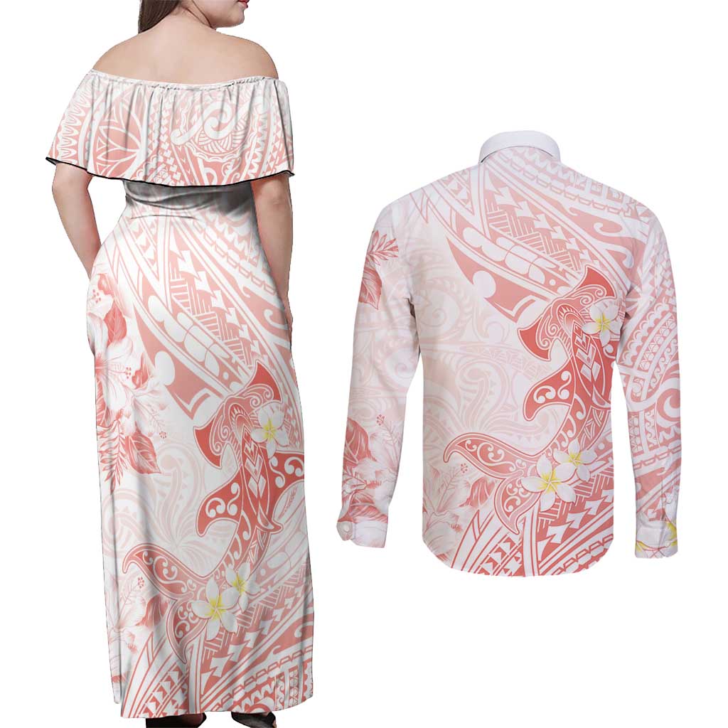 Polynesia Hammerhead Shark Couples Matching Off Shoulder Maxi Dress and Long Sleeve Button Shirt Tropical Flowers Tribal Pattern Peach LT05 - Polynesian Pride