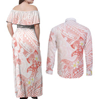 Polynesia Hammerhead Shark Couples Matching Off Shoulder Maxi Dress and Long Sleeve Button Shirt Tropical Flowers Tribal Pattern Peach LT05 - Polynesian Pride