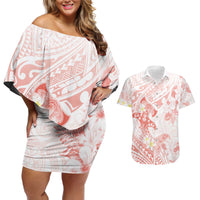 Polynesia Hammerhead Shark Couples Matching Off Shoulder Short Dress and Hawaiian Shirt Tropical Flowers Tribal Pattern Peach LT05 Peach - Polynesian Pride