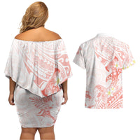 Polynesia Hammerhead Shark Couples Matching Off Shoulder Short Dress and Hawaiian Shirt Tropical Flowers Tribal Pattern Peach LT05 - Polynesian Pride