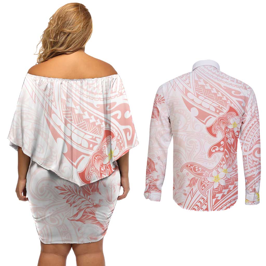 Polynesia Hammerhead Shark Couples Matching Off Shoulder Short Dress and Long Sleeve Button Shirt Tropical Flowers Tribal Pattern Peach LT05 - Polynesian Pride