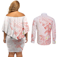 Polynesia Hammerhead Shark Couples Matching Off Shoulder Short Dress and Long Sleeve Button Shirt Tropical Flowers Tribal Pattern Peach LT05 - Polynesian Pride