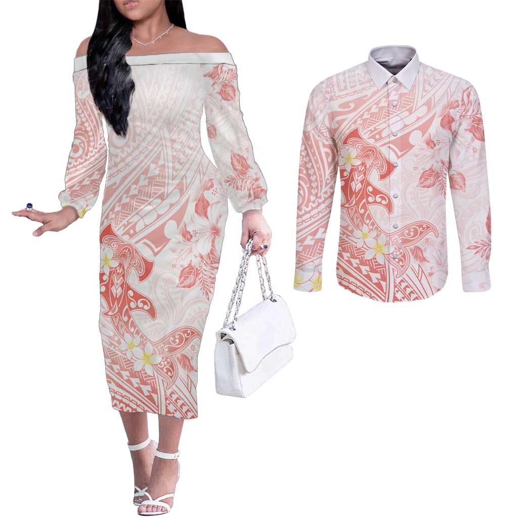 Polynesia Hammerhead Shark Couples Matching Off The Shoulder Long Sleeve Dress and Long Sleeve Button Shirt Tropical Flowers Tribal Pattern Peach