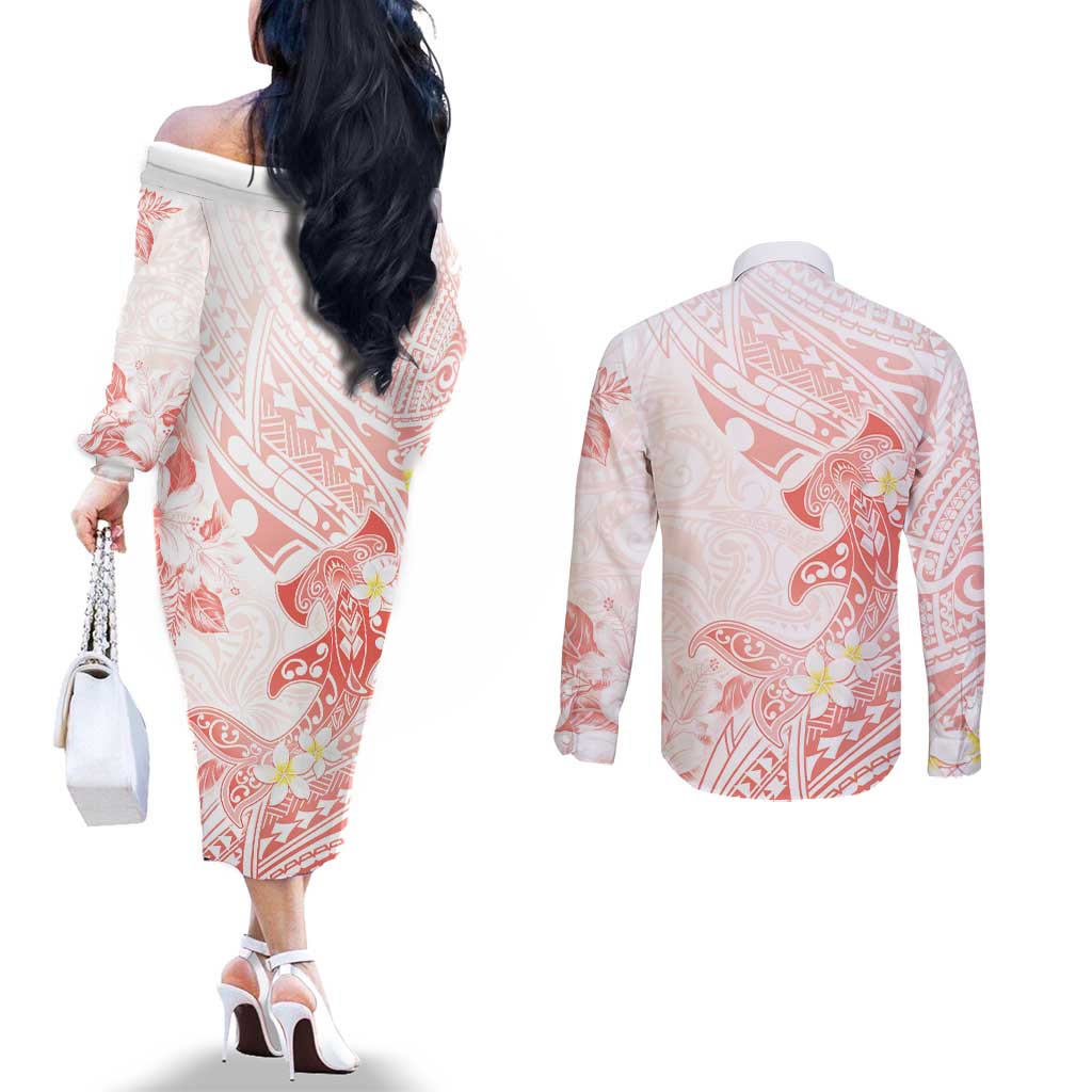 Polynesia Hammerhead Shark Couples Matching Off The Shoulder Long Sleeve Dress and Long Sleeve Button Shirt Tropical Flowers Tribal Pattern Peach