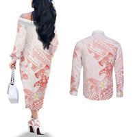 Polynesia Hammerhead Shark Couples Matching Off The Shoulder Long Sleeve Dress and Long Sleeve Button Shirt Tropical Flowers Tribal Pattern Peach