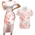 Polynesia Hammerhead Shark Couples Matching Short Sleeve Bodycon Dress and Hawaiian Shirt Tropical Flowers Tribal Pattern Peach