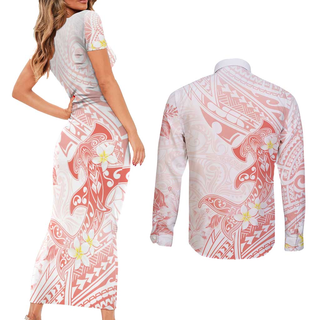 Polynesia Hammerhead Shark Couples Matching Short Sleeve Bodycon Dress and Long Sleeve Button Shirt Tropical Flowers Tribal Pattern Peach LT05 - Polynesian Pride
