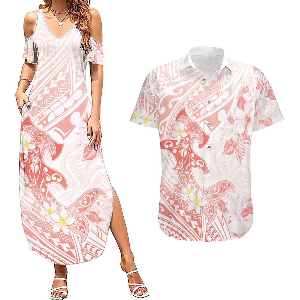 Polynesia Hammerhead Shark Couples Matching Summer Maxi Dress and Hawaiian Shirt Tropical Flowers Tribal Pattern Peach