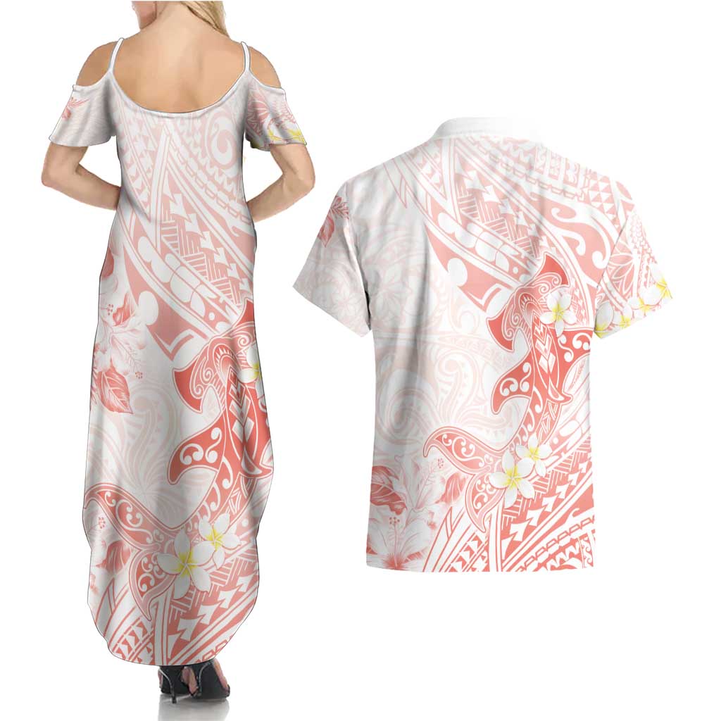 Polynesia Hammerhead Shark Couples Matching Summer Maxi Dress and Hawaiian Shirt Tropical Flowers Tribal Pattern Peach LT05 - Polynesian Pride