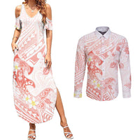 Polynesia Hammerhead Shark Couples Matching Summer Maxi Dress and Long Sleeve Button Shirt Tropical Flowers Tribal Pattern Peach LT05 Peach - Polynesian Pride