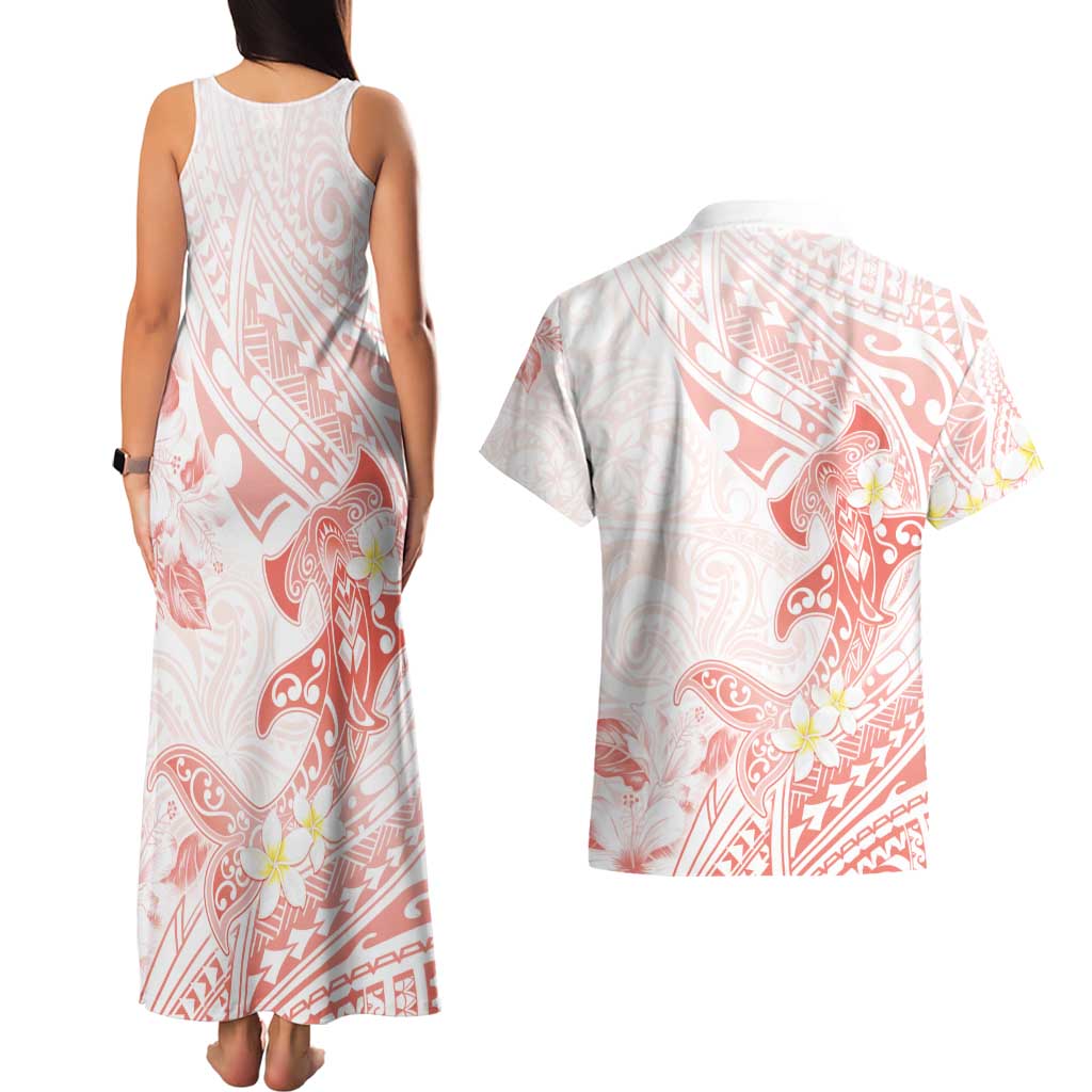 Polynesia Hammerhead Shark Couples Matching Tank Maxi Dress and Hawaiian Shirt Tropical Flowers Tribal Pattern Peach LT05 - Polynesian Pride