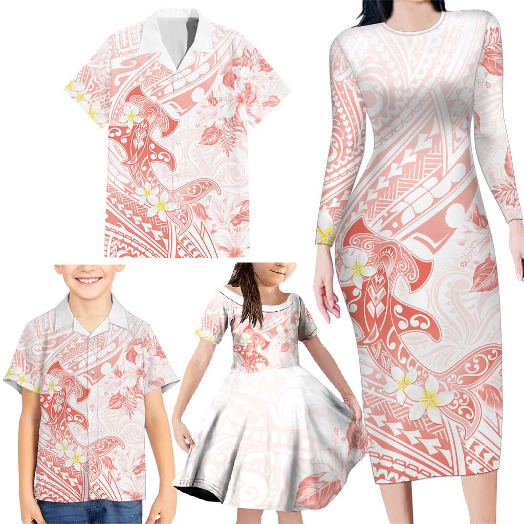 Polynesia Hammerhead Shark Family Matching Long Sleeve Bodycon Dress and Hawaiian Shirt Tropical Flowers Tribal Pattern Peach