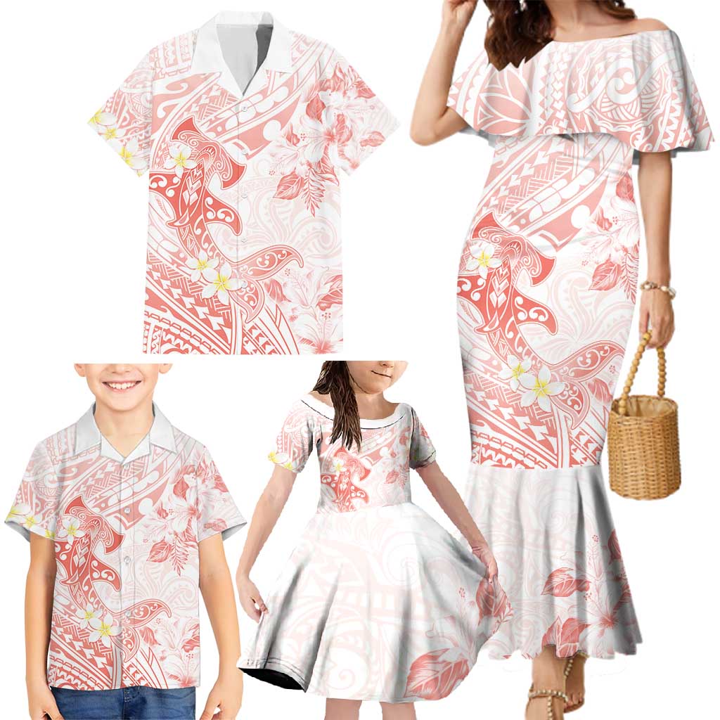 Polynesia Hammerhead Shark Family Matching Mermaid Dress and Hawaiian Shirt Tropical Flowers Tribal Pattern Peach