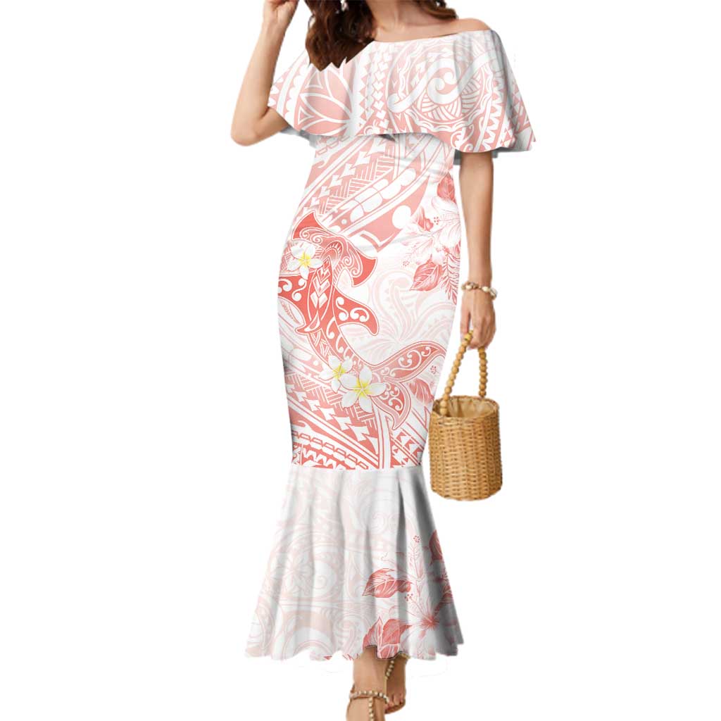 Polynesia Hammerhead Shark Family Matching Mermaid Dress and Hawaiian Shirt Tropical Flowers Tribal Pattern Peach