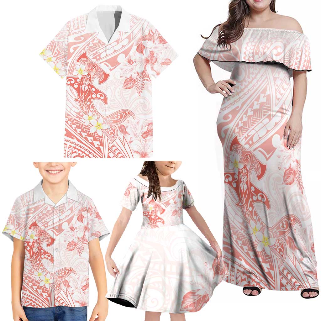 Polynesia Hammerhead Shark Family Matching Off Shoulder Maxi Dress and Hawaiian Shirt Tropical Flowers Tribal Pattern Peach