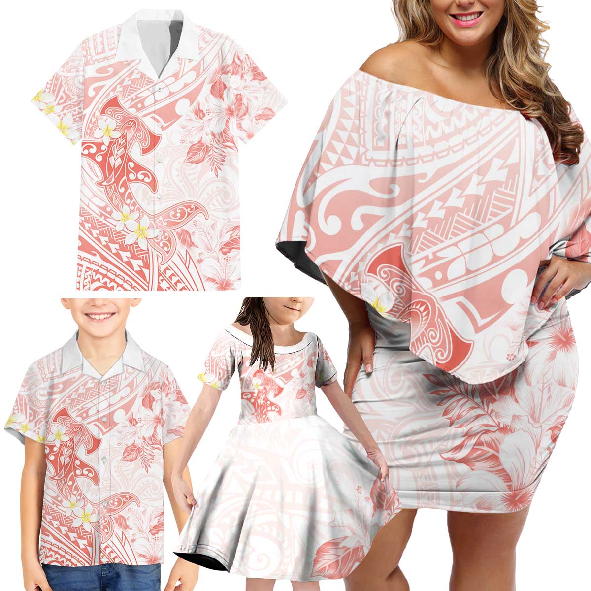 Polynesia Hammerhead Shark Family Matching Off Shoulder Short Dress and Hawaiian Shirt Tropical Flowers Tribal Pattern Peach LT05 - Polynesian Pride