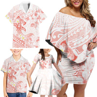 Polynesia Hammerhead Shark Family Matching Off Shoulder Short Dress and Hawaiian Shirt Tropical Flowers Tribal Pattern Peach LT05 - Polynesian Pride