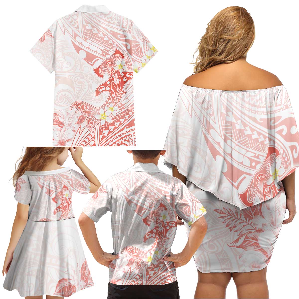 Polynesia Hammerhead Shark Family Matching Off Shoulder Short Dress and Hawaiian Shirt Tropical Flowers Tribal Pattern Peach LT05 - Polynesian Pride