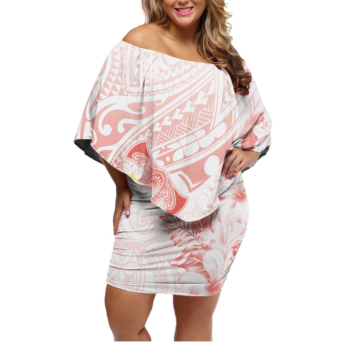 Polynesia Hammerhead Shark Family Matching Off Shoulder Short Dress and Hawaiian Shirt Tropical Flowers Tribal Pattern Peach LT05 Mom's Dress Peach - Polynesian Pride