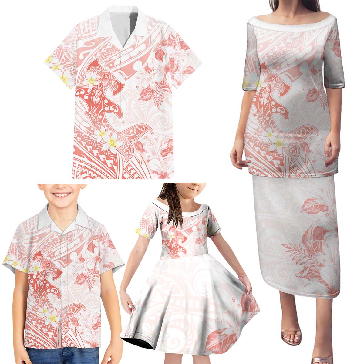 Polynesia Hammerhead Shark Family Matching Puletasi and Hawaiian Shirt Tropical Flowers Tribal Pattern Peach LT05 - Polynesian Pride