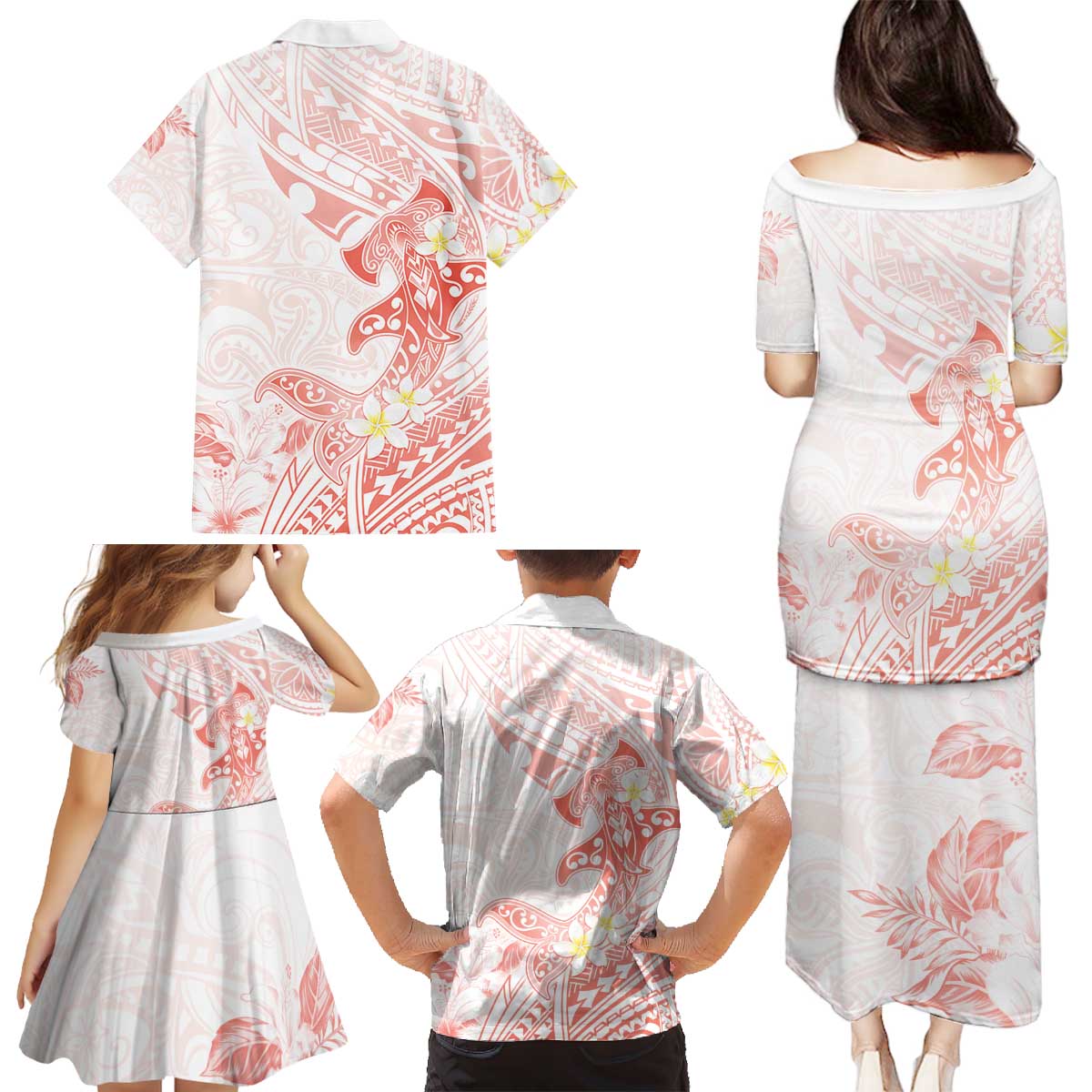 Polynesia Hammerhead Shark Family Matching Puletasi and Hawaiian Shirt Tropical Flowers Tribal Pattern Peach