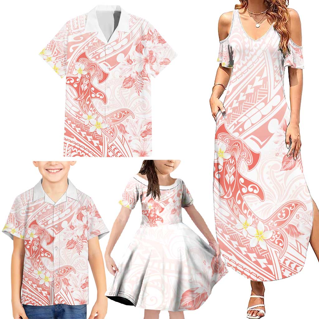 Polynesia Hammerhead Shark Family Matching Summer Maxi Dress and Hawaiian Shirt Tropical Flowers Tribal Pattern Peach