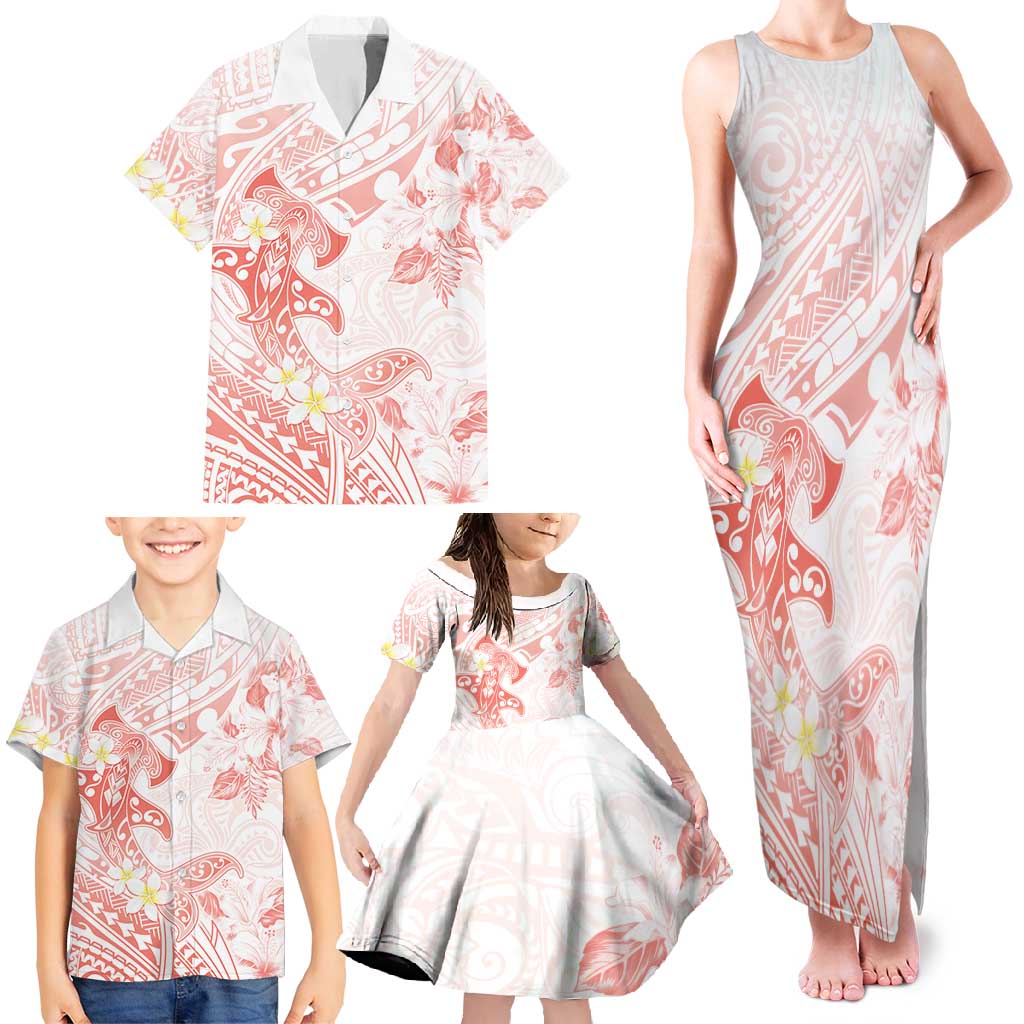 Polynesia Hammerhead Shark Family Matching Tank Maxi Dress and Hawaiian Shirt Tropical Flowers Tribal Pattern Peach