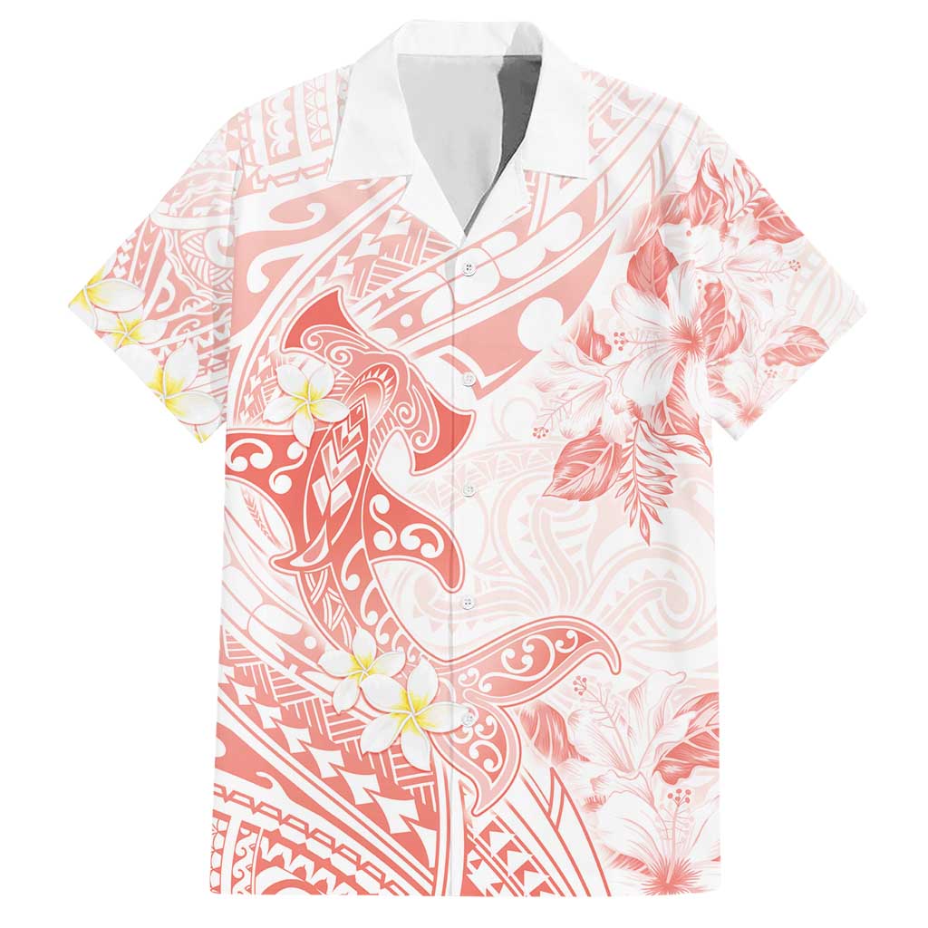 Polynesia Hammerhead Shark Hawaiian Shirt Tropical Flowers Tribal Pattern Peach LT05 Peach - Polynesian Pride