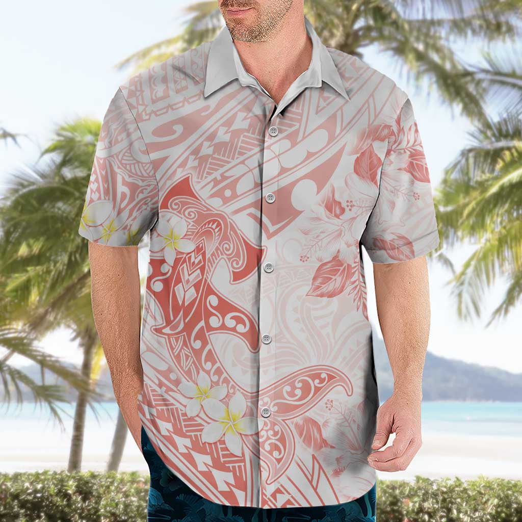 Polynesia Hammerhead Shark Hawaiian Shirt Tropical Flowers Tribal Pattern Peach LT05 - Polynesian Pride