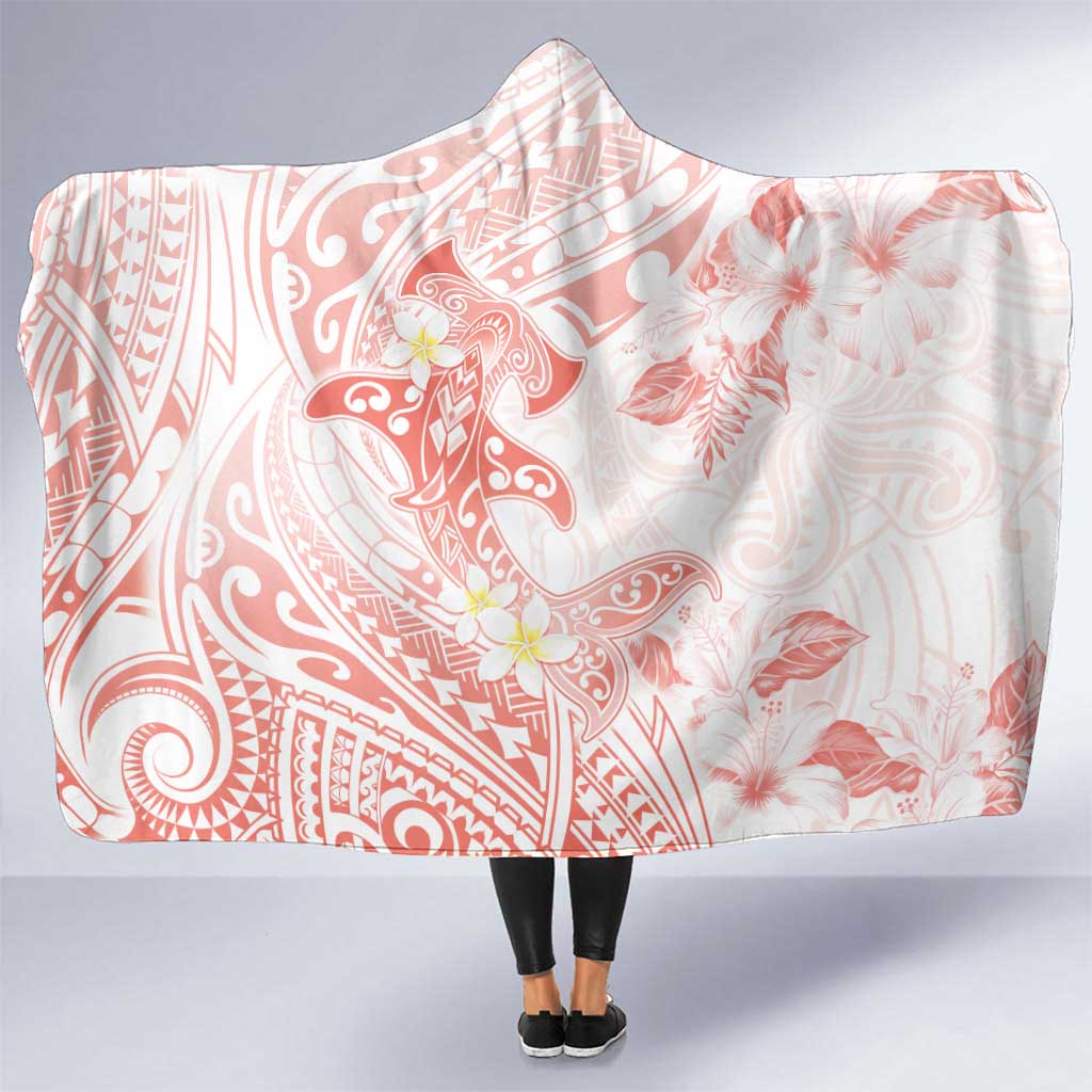 Polynesia Hammerhead Shark Hooded Blanket Tropical Flowers Tribal Pattern Peach LT05 One Size Peach - Polynesian Pride