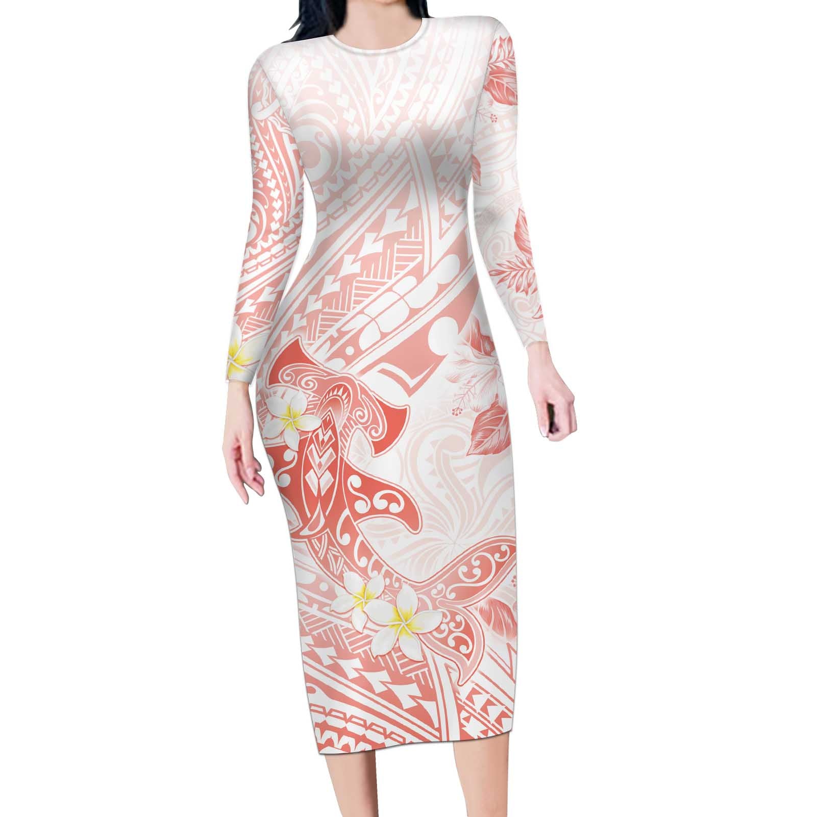 Polynesia Hammerhead Shark Long Sleeve Bodycon Dress Tropical Flowers Tribal Pattern Peach