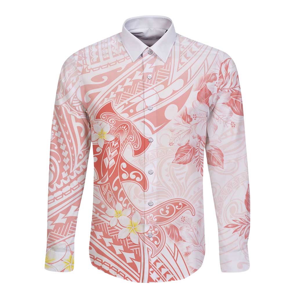 Polynesia Hammerhead Shark Long Sleeve Button Shirt Tropical Flowers Tribal Pattern Peach