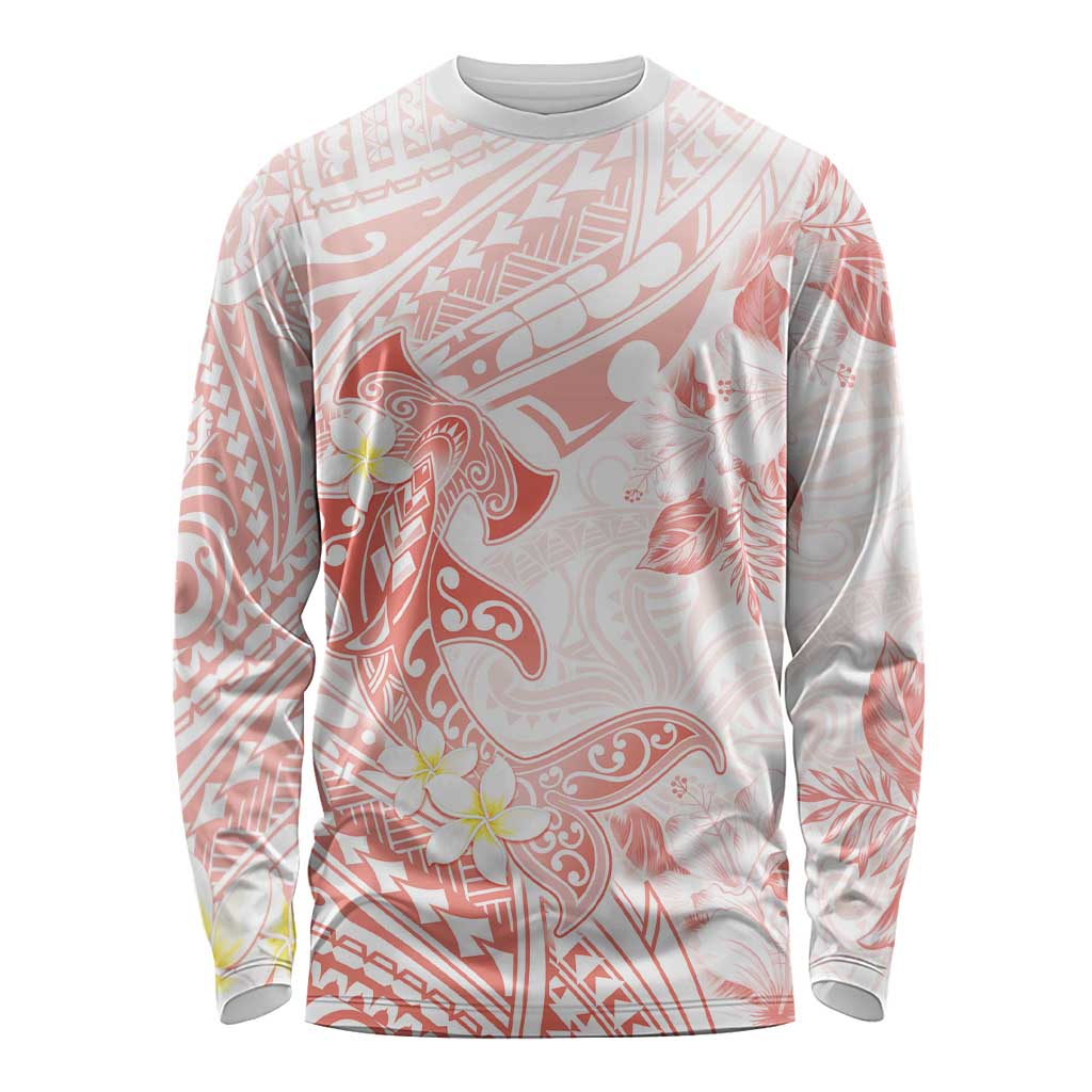 Polynesia Hammerhead Shark Long Sleeve Shirt Tropical Flowers Tribal Pattern Peach