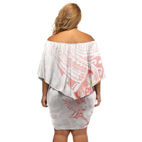 Polynesia Hammerhead Shark Off Shoulder Short Dress Tropical Flowers Tribal Pattern Peach LT05 - Polynesian Pride