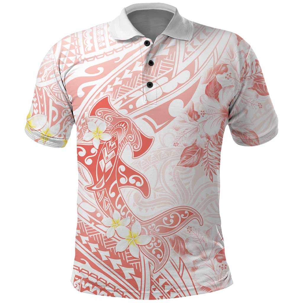 Polynesia Hammerhead Shark Polo Shirt Tropical Flowers Tribal Pattern Peach