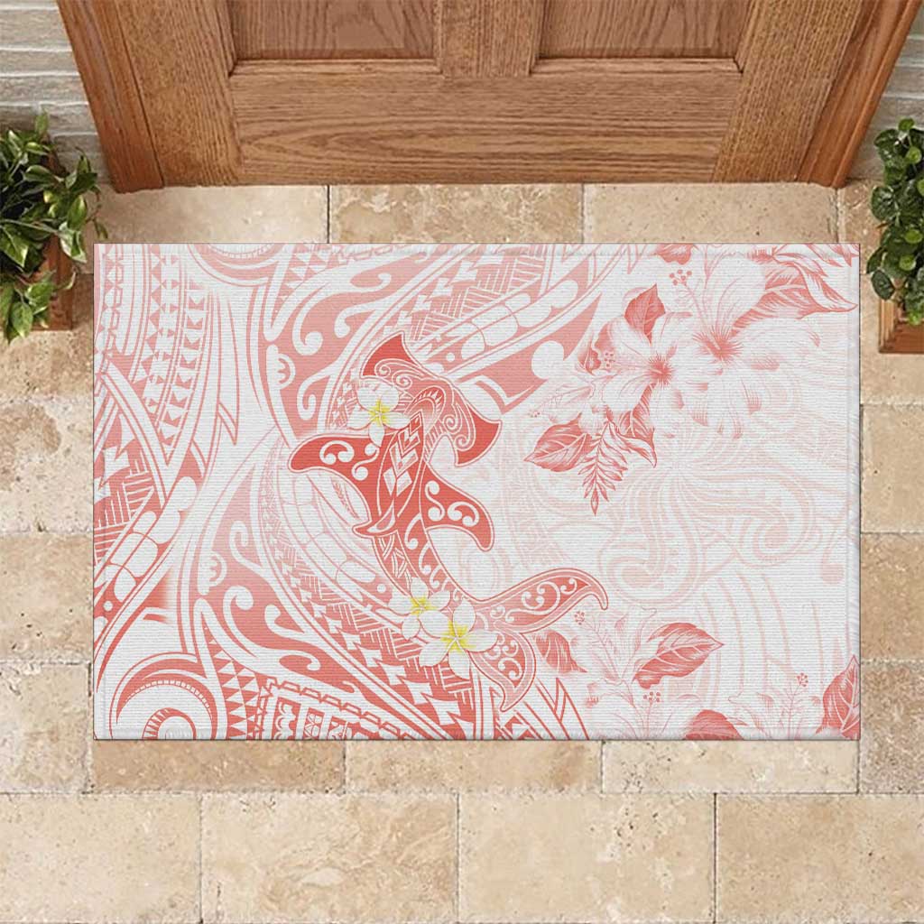 Polynesia Hammerhead Shark Rubber Doormat Tropical Flowers Tribal Pattern Peach