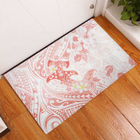 Polynesia Hammerhead Shark Rubber Doormat Tropical Flowers Tribal Pattern Peach