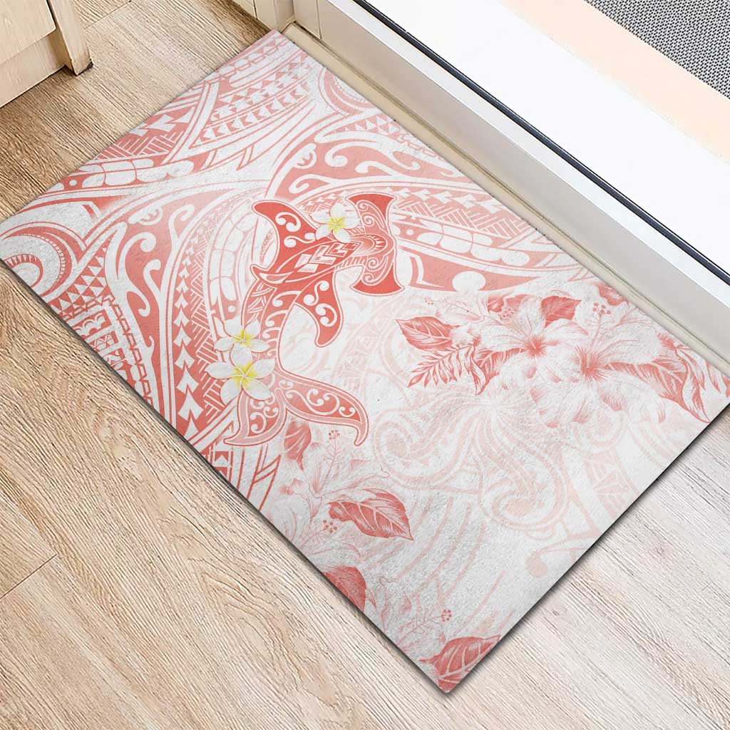 Polynesia Hammerhead Shark Rubber Doormat Tropical Flowers Tribal Pattern Peach