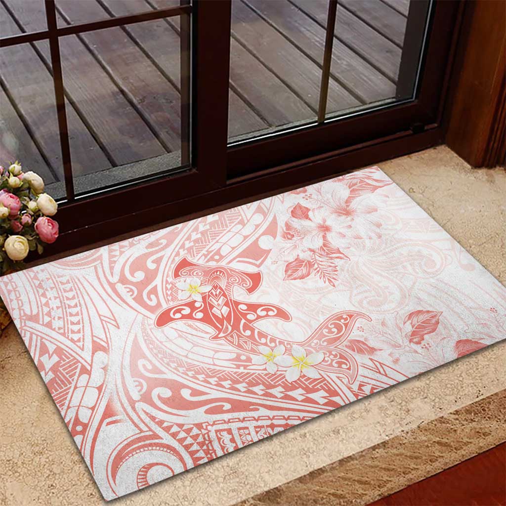 Polynesia Hammerhead Shark Rubber Doormat Tropical Flowers Tribal Pattern Peach