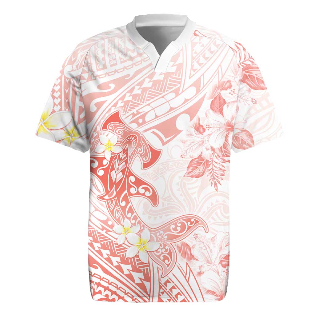 Polynesia Hammerhead Shark Rugby Jersey Tropical Flowers Tribal Pattern Peach