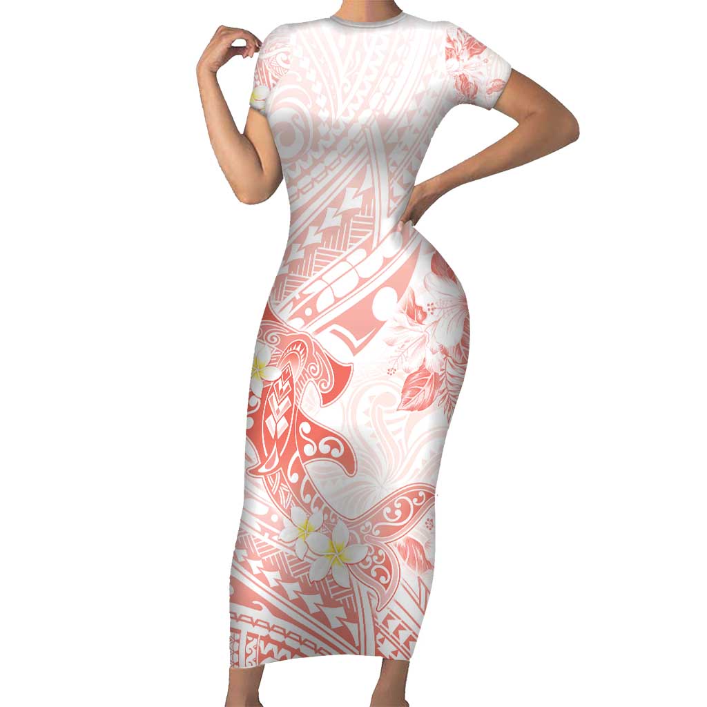 Polynesia Hammerhead Shark Short Sleeve Bodycon Dress Tropical Flowers Tribal Pattern Peach