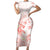 Polynesia Hammerhead Shark Short Sleeve Bodycon Dress Tropical Flowers Tribal Pattern Peach