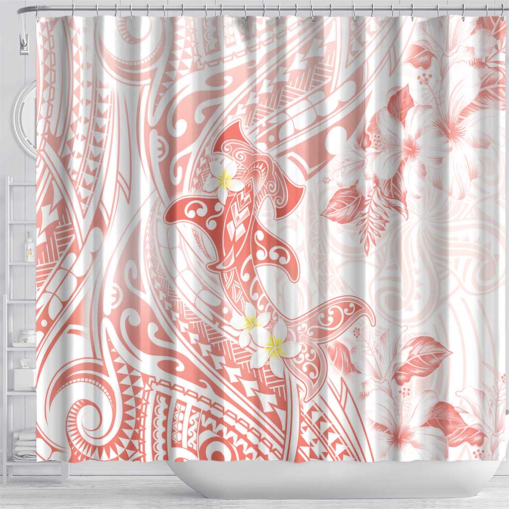 Polynesia Hammerhead Shark Shower Curtain Tropical Flowers Tribal Pattern Peach