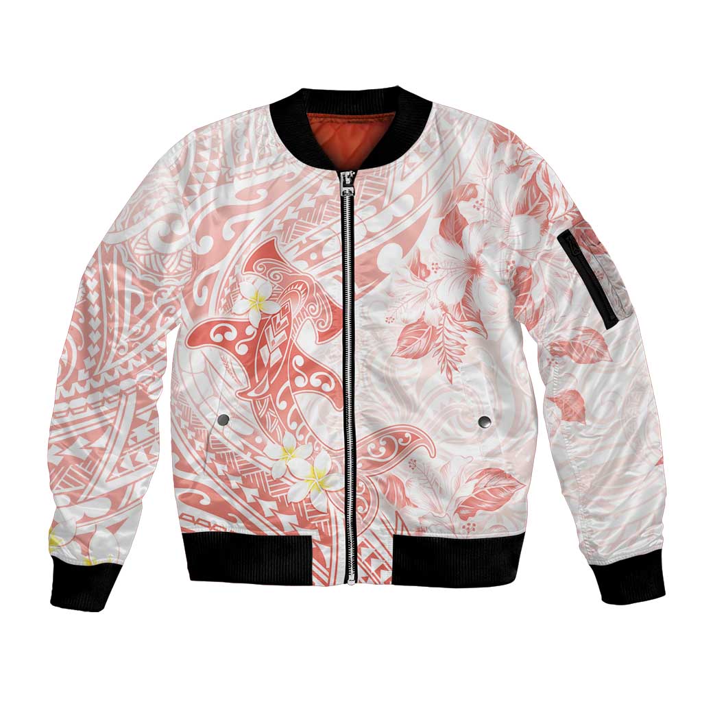 Polynesia Hammerhead Shark Sleeve Zip Bomber Jacket Tropical Flowers Tribal Pattern Peach