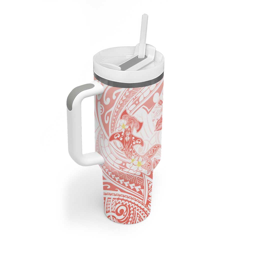 Polynesia Hammerhead Shark Tumbler With Handle Tropical Flowers Tribal Pattern Peach LT05 - Polynesian Pride
