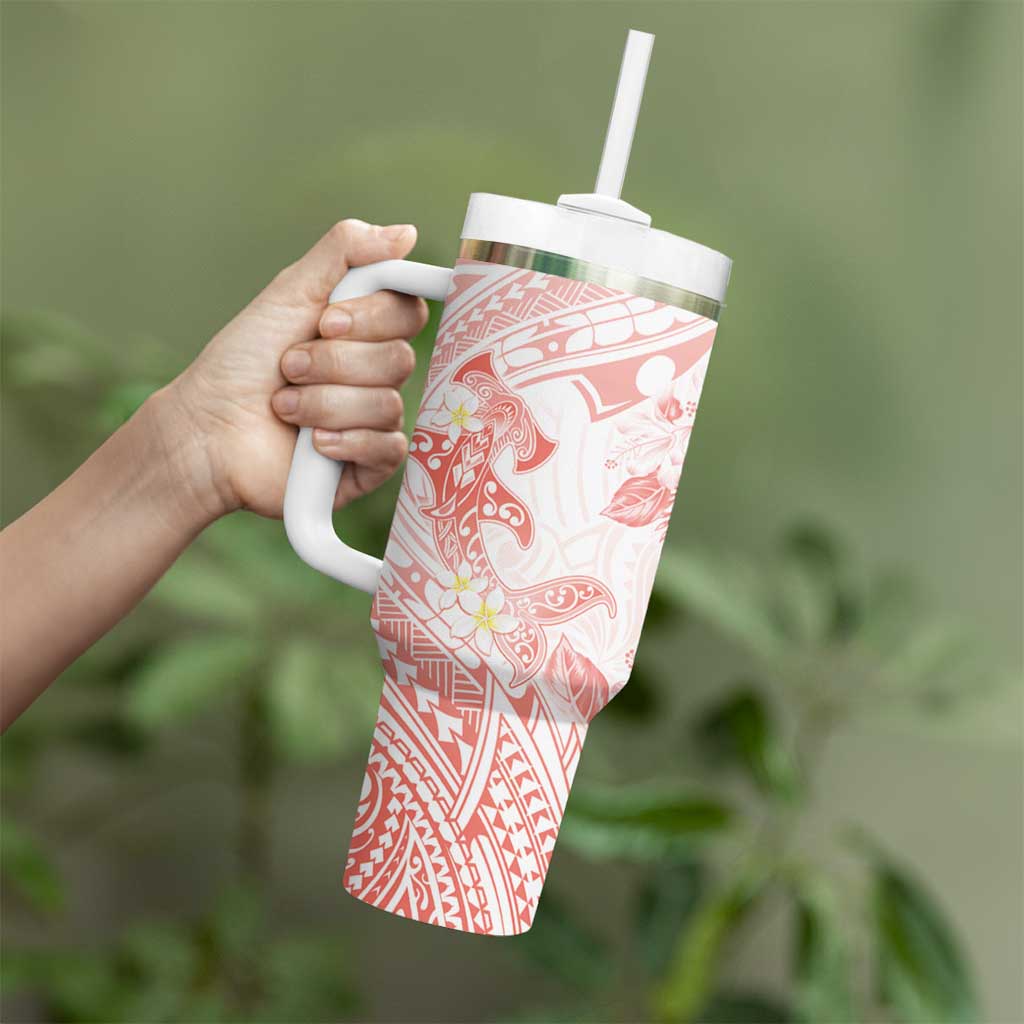 Polynesia Hammerhead Shark Tumbler With Handle Tropical Flowers Tribal Pattern Peach LT05 - Polynesian Pride
