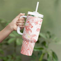 Polynesia Hammerhead Shark Tumbler With Handle Tropical Flowers Tribal Pattern Peach LT05 - Polynesian Pride