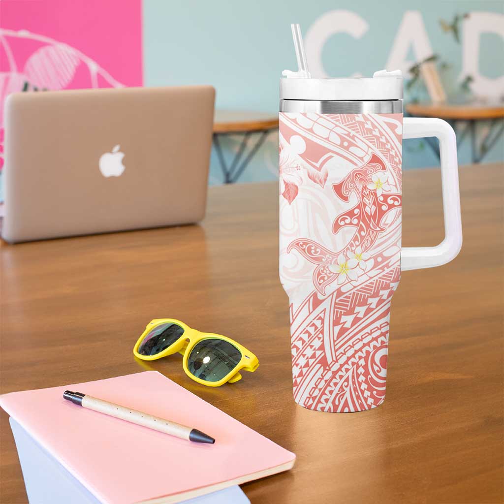 Polynesia Hammerhead Shark Tumbler With Handle Tropical Flowers Tribal Pattern Peach LT05 - Polynesian Pride