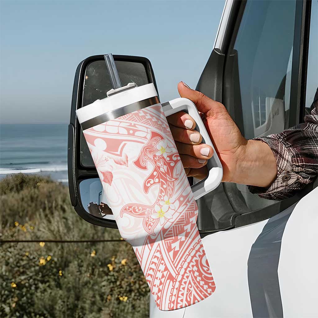 Polynesia Hammerhead Shark Tumbler With Handle Tropical Flowers Tribal Pattern Peach LT05 - Polynesian Pride